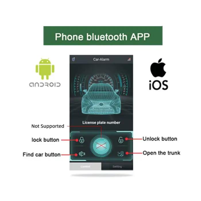 Système d'alarme antivol pour voiture avec contrôle par application Bluetooth via téléphone portable et 2 télécommandes pour verrouillage des portes