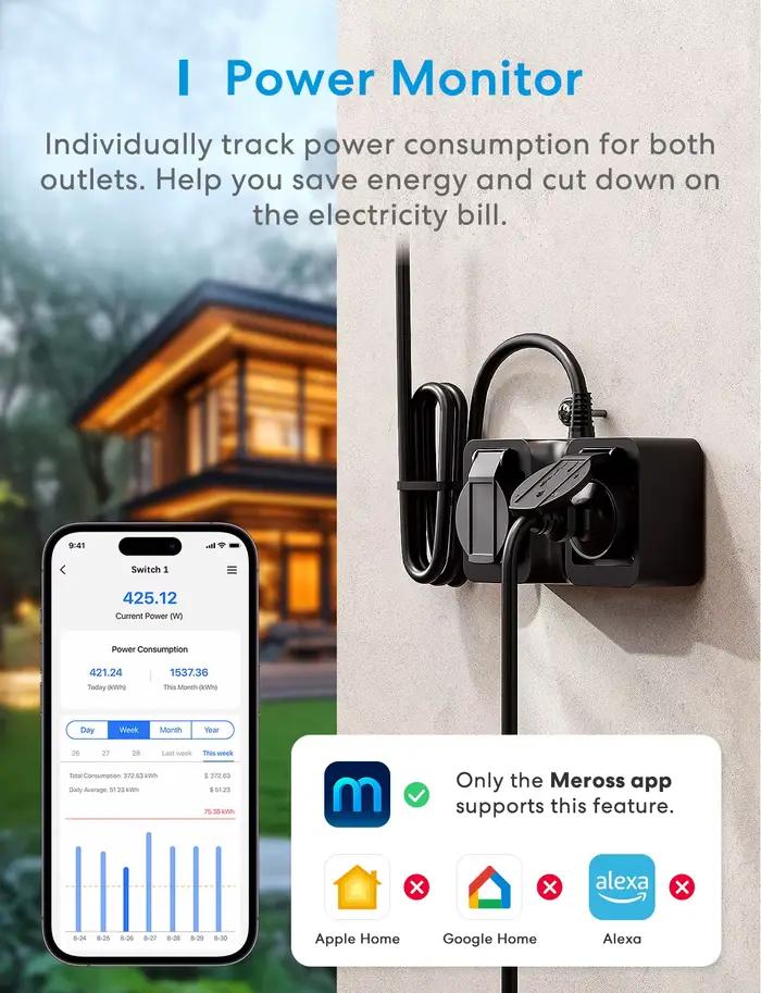Prise extérieure intelligente Meross étanche IP44 pour contrôle d'éclairage via application et assistant vocal occasions spéciales jardin patio
