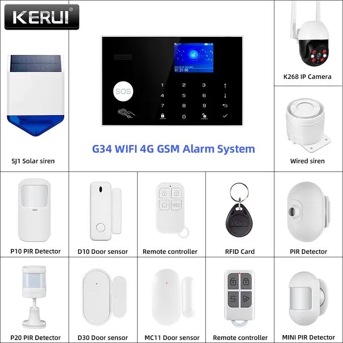 Kit d'Alarme KERUI G34 avec Température et Humidité, Support 11 Langues, Télécommandes et Cartes RFID, Compatible avec Alexa et Google Assistant Sécurité Domestique Occasions Spéciales