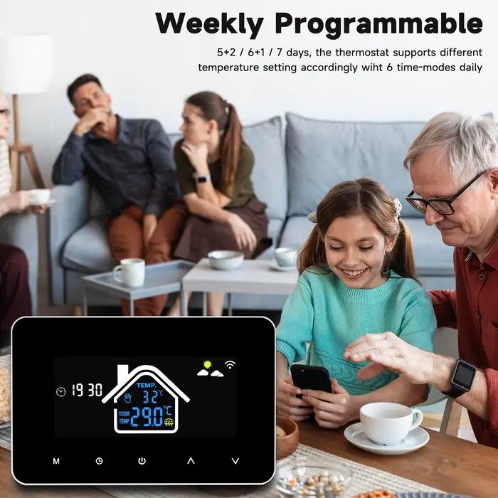 Thermostat Intelligent Wi-Fi Contrôle App Commande Vocale Prévisions Météo Mode Manuel Auto Affichage Température Celsius Fahrenheit Programmable Hebdos Modes Horaire Économies Énergie Occasions Spéciales
