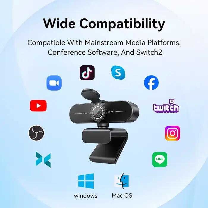 Webcam EMEET C60E 4K Ultra HD Autofocus Caméra pour Visioconférences Streaming Appels Vidéo Occasions Spéciales