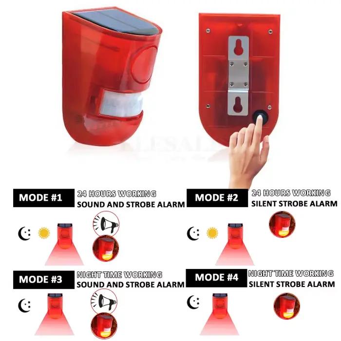Nouvelle alarme solaire de capteur de mouvement infrarouge avec la lumière stroboscopique de sirène de 110db pour le système d'alarme de sécurité de carvan de hangar de garage de maison