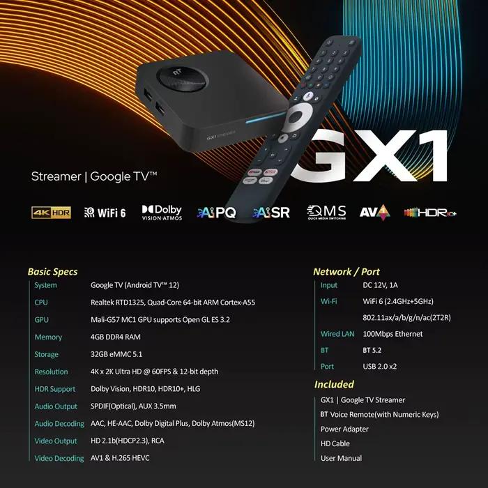 Boîtier Android TV Google TV 12 Box Netflix compatible Dolby Atmos Vision 2T2R RockTek GX1 UHD Realtek1325 A55 Edge AI pour soirées cinéma à la maison et événements familiaux