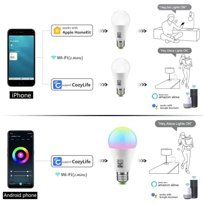 Ampoule LED Intelligente Wi-Fi RGB C W Compatible avec Alexa Google Home Commande Vocale App Mobile Convient à Tout Routeur Wi-Fi 2.4GHz Double Bande Sans Hub Occasions Spéciales