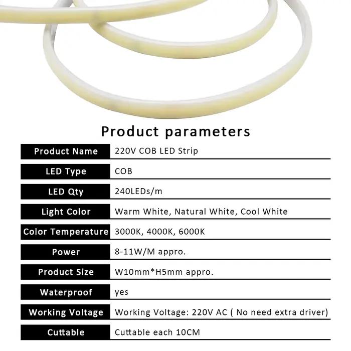 Bandes LED 220V étanche COB LED bande lumineuse 240Led/M 3000K 4000K 6000K décor à la maison ruban Flexible éclairage linéaire