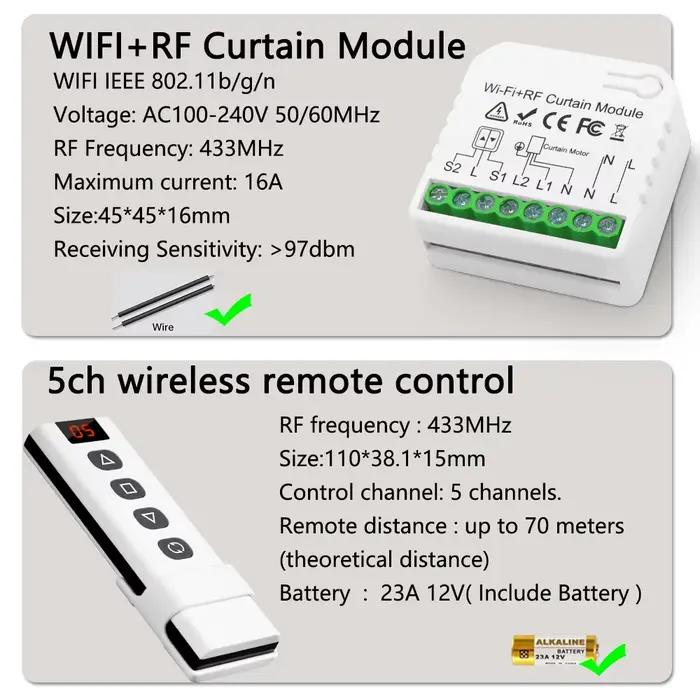 Module de commande de rideaux et stores Tuya WiFi RF avec télécommande pour moteur électrique