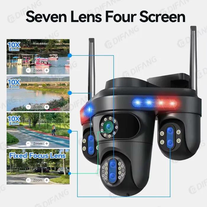 DIFANG 35MP WiFi caméra IP 4 écrans 7 lentilles 10X Zoom extérieur sans fil PTZ