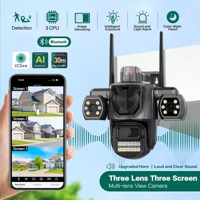 Caméra IP WiFi Uzoom 3 écrans 3 objectifs 6K 12MP pour surveillance extérieure et intérieure, caméra de sécurité avec suivi automatique et détection de mouvement intelligente