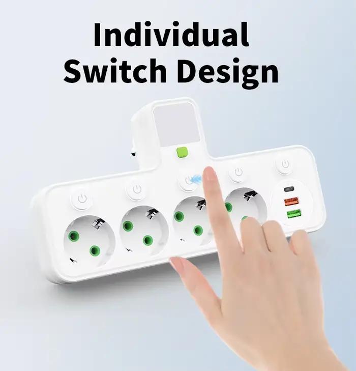 Multiprise murale avec prise EU, 3 prises AC, 2 USB et 1 Type-C