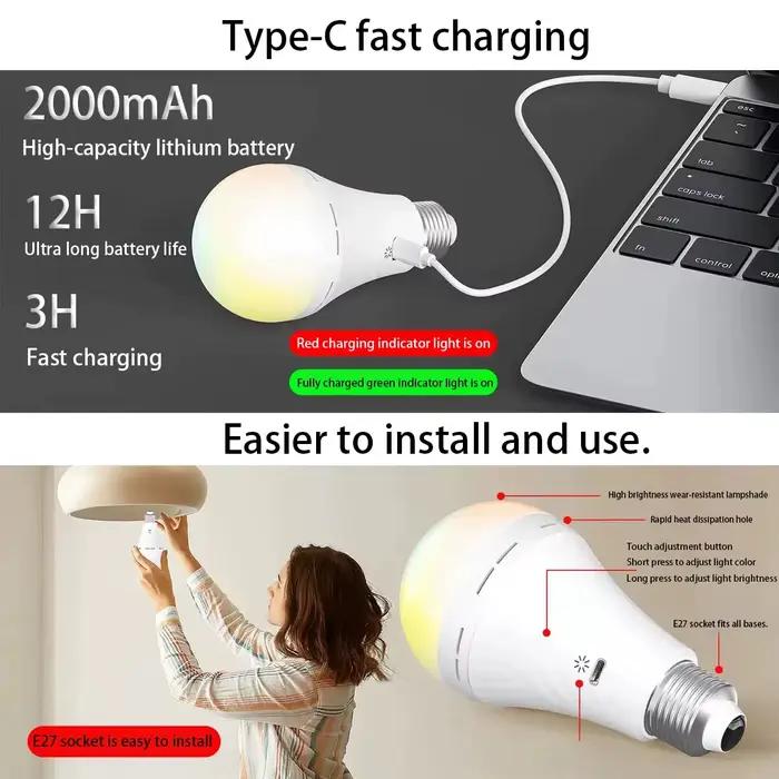 Ampoule de secours rechargeable USB-C avec douille E27