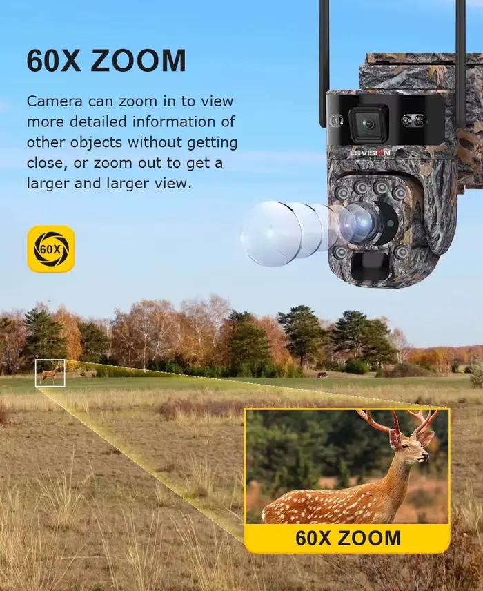 LS VISION 60X Zoom caméras de traînée solaire double écran vue en direct 4G SIM/WIFI caméra extérieure