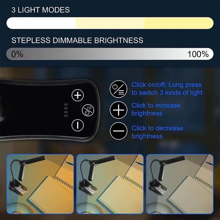 14 LED Clip sur livre lumière 3 couleurs 8 luminosité Usb Rechargeable veilleuse Portable lampe de l