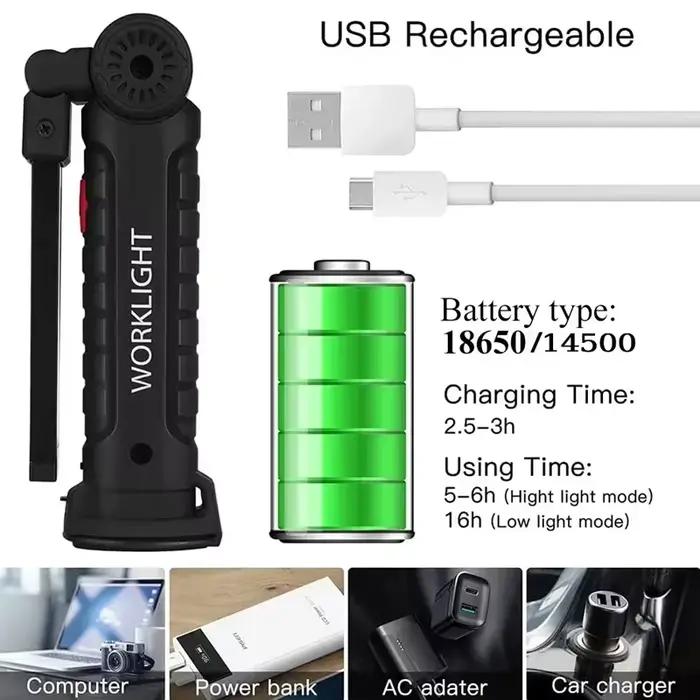 Lampe de travail LED COB à intensité variable, Rechargeable par USB, lampe d'inspection avec aimant