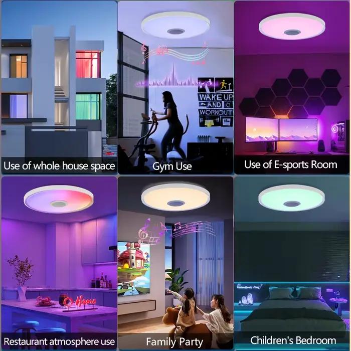 Plafonnier intelligent LED RGB avec télécommande et haut-parleur pour éclairage musical et ambiance personnalisée chambre salon moderne
