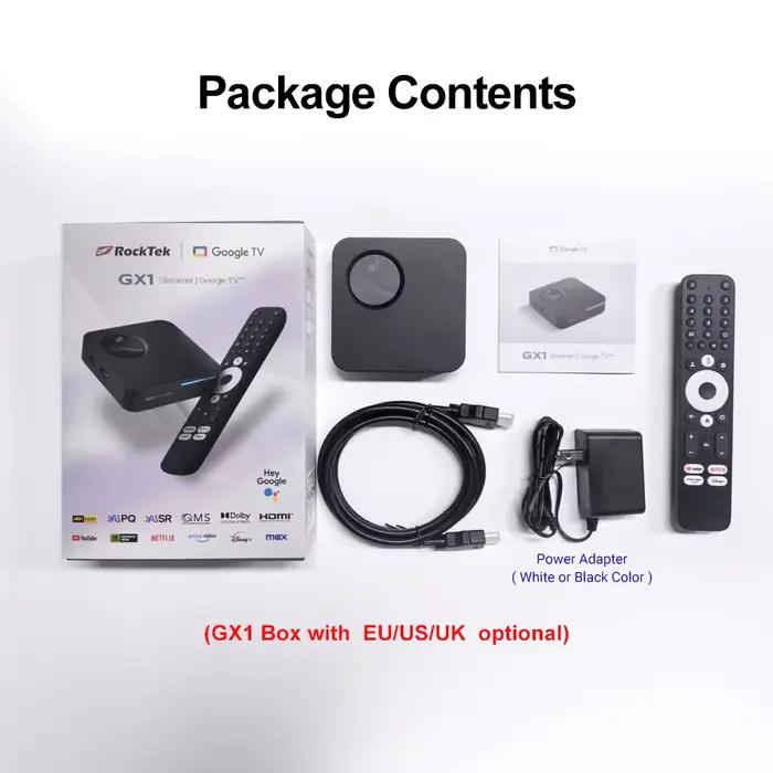 Boîtier Android TV Google TV 12 Box Netflix compatible Dolby Atmos Vision 2T2R RockTek GX1 UHD Realtek1325 A55 Edge AI pour soirées cinéma à la maison et événements familiaux