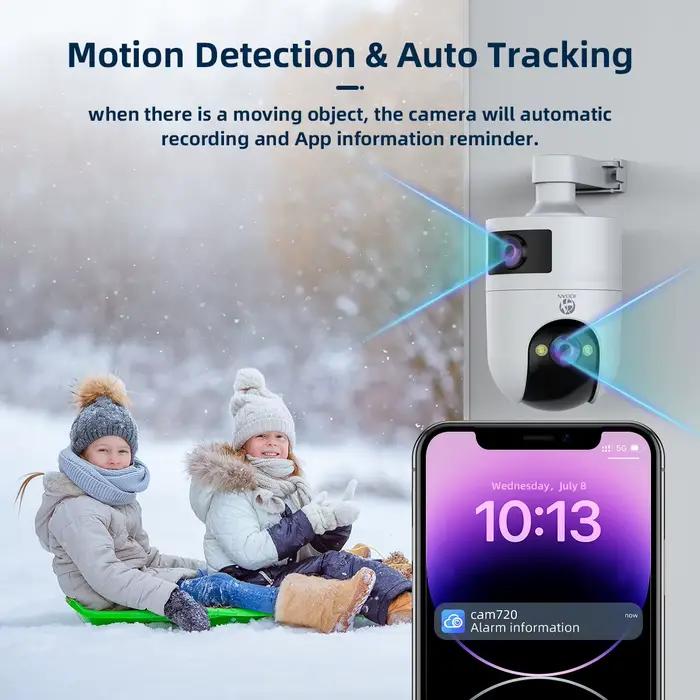 Caméra IP 4K PTZ extérieure étanche double objectif pour surveillance nocturne et jour, compatible WiFi double bande, installation facile intérieure/extérieure