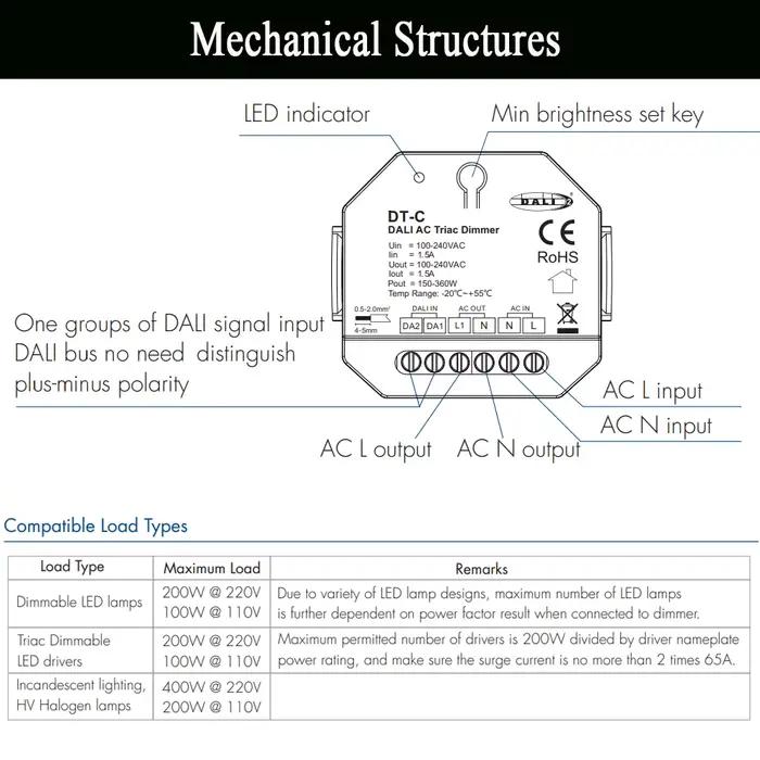 DALI AC Triac variateur DT-C avec interrupteur poussoir gradation traînant DT4 bord