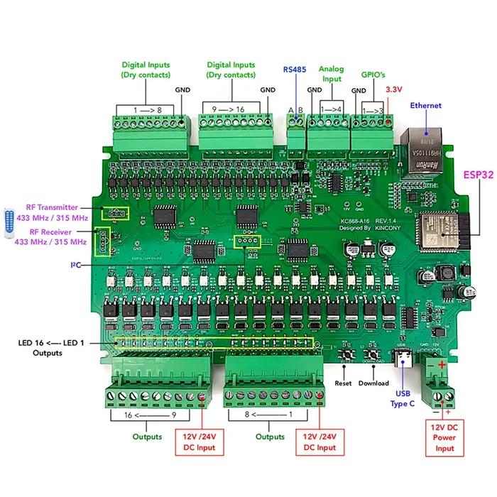 Carte de développement ESP32 Kincony A16 Tasmota ESPhome Home Assistant Arduino IDE MQTT TCP Web HTTP pour contrôleur de commutation intelligent