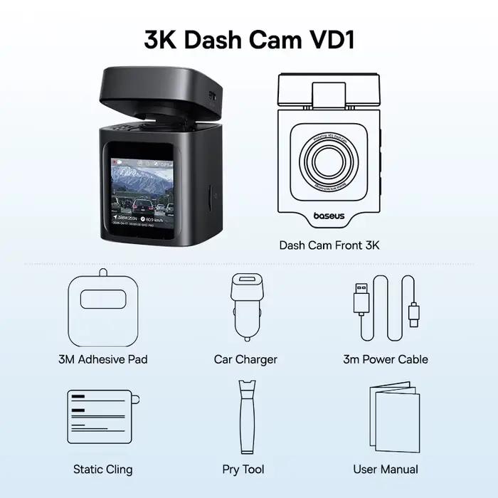 Baseus 3K Dash Cam VD1 caméra avant et arrière HD GPS intégré Galileo supercondensateur voiture DVR