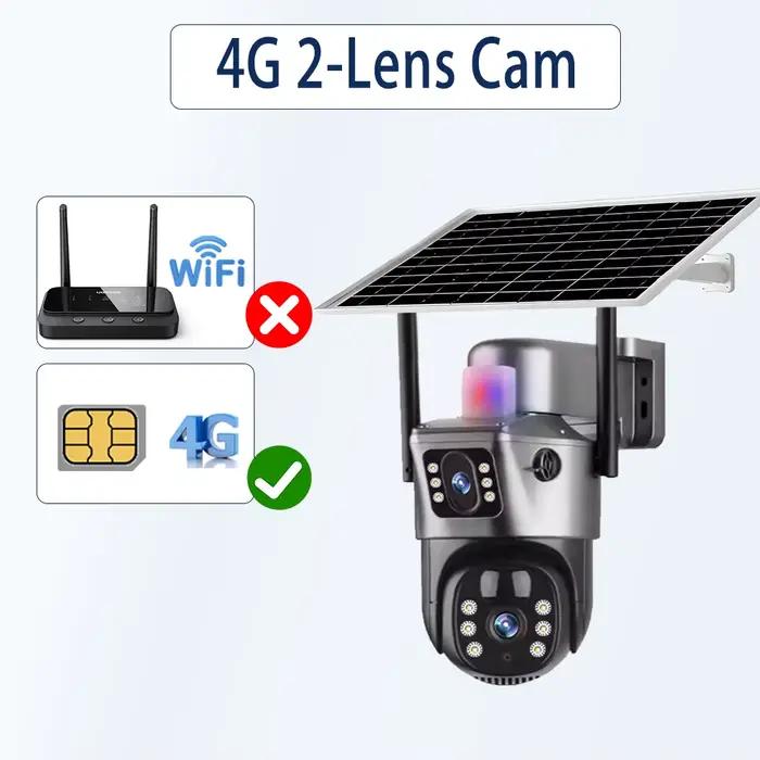 Caméra solaire 4G avec carte SIM, surveillance extérieure WiFi, 3 objectifs, vision nocturne couleur
