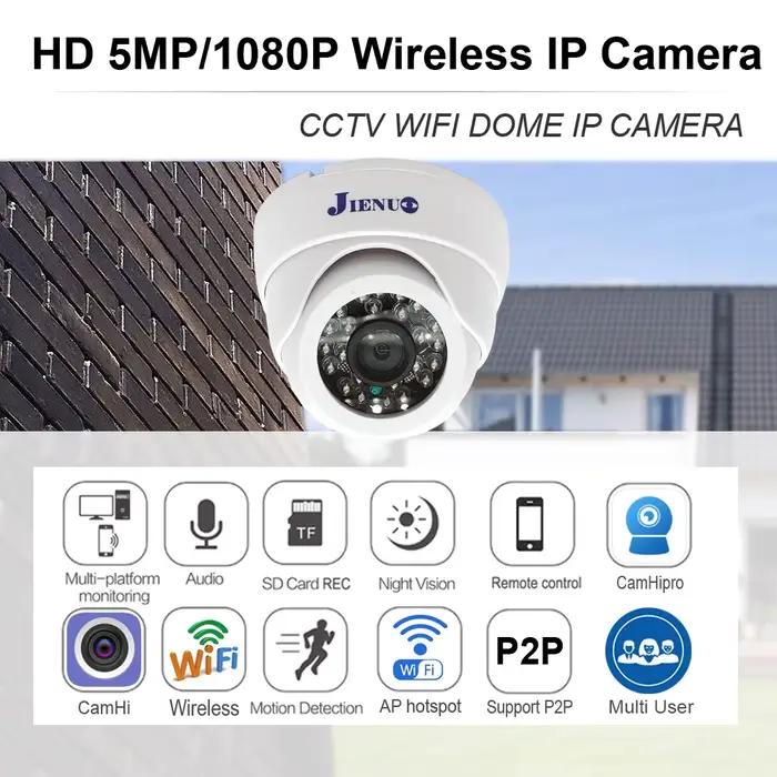 Caméra dôme WiFi JIENUO 5MP haute définition avec détection de mouvement pour sécurité intérieure et extérieure résistante aux intempéries à offrir pour maison, entreprise ou terrain de jeux