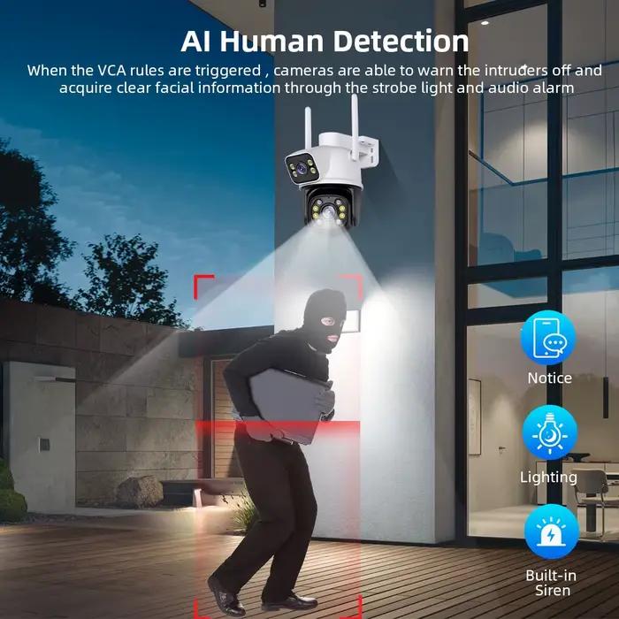 Caméra de surveillance extérieure sans fil iCsee, étanche 4K, WiFi, sécurité avec double objectif pour surveillance nocturne et détection humaine, idéale pour la maison et le commerce