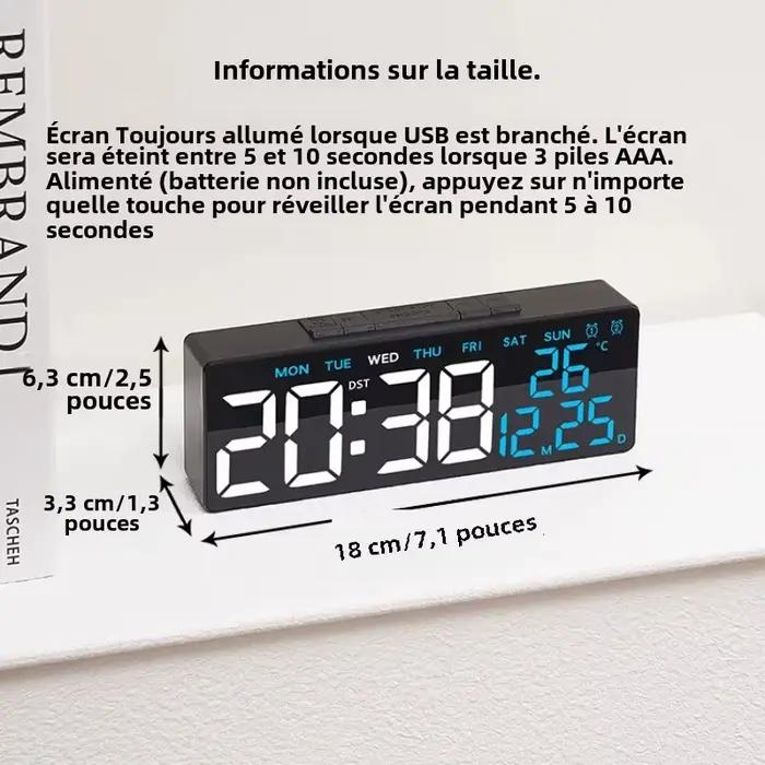 Réveil numérique alimenté par USB avec double alarme, affichage de la date, température et compte à rebours pour un réveil parfait et une décoration moderne de votre intérieur