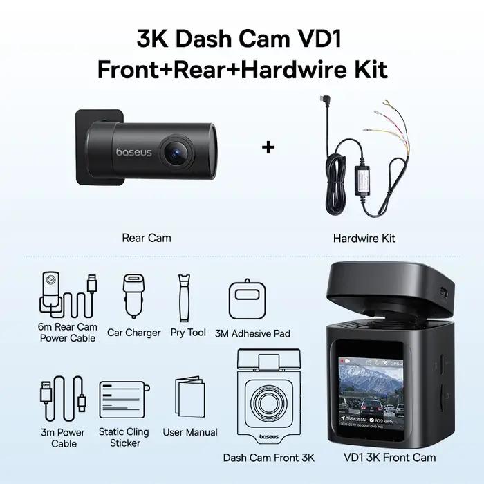 Baseus 3K Dash Cam VD1 caméra avant et arrière HD GPS intégré Galileo supercondensateur voiture DVR
