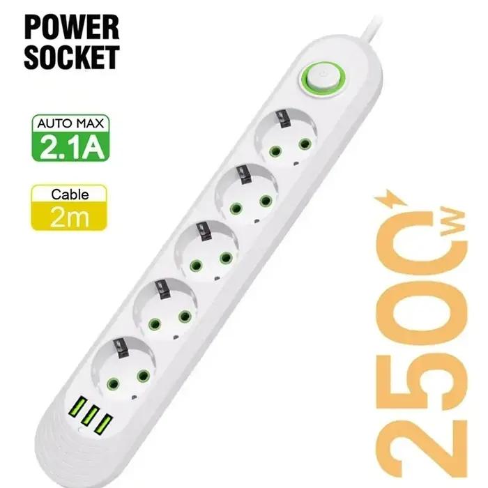 Multiprise 2500W avec Prise EU, Filtre Réseau, Ports USB pour Recharge, Protection Contre Surcharges, Prise avec Prise, Haute Tension, Câble 2M, Intégrale Protection Sécurité Élégante Occasions Spéciales