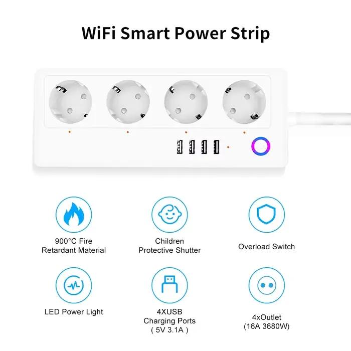 Prise intelligente WiFi avec 4 prises et 4 ports USB, compatible avec Alexa, Google Home, Tuya SmartLife, pour une maison connectée et un confort quotidien amélioré