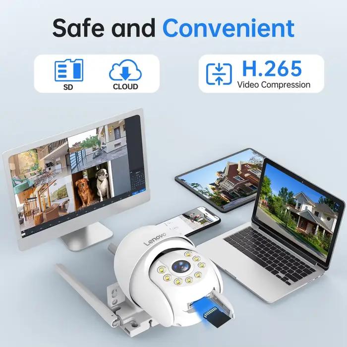 Caméra dôme Lenovo 3MP HD Smart Wifi PTZ pour surveillance intérieure et extérieure, résistante aux intempéries, avec détection de mouvement, vision nocturne couleur, et stockage sur carte SD et cloud