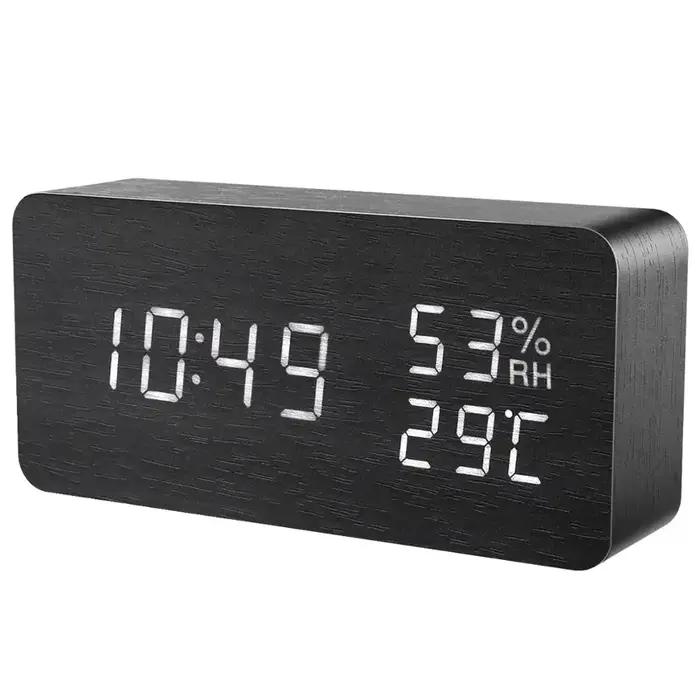 Réveil LED montre en bois Table commande vocale numérique