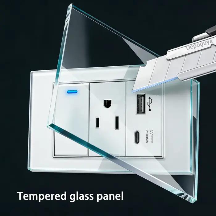 Prise murale américaine avec indicateur LED et chargeur rapide USB Type-C en verre trempé pour décoration et contrôle d'éclairage