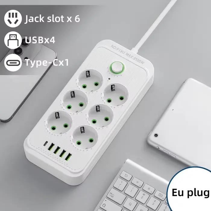 Prise électrique multi-ports EU avec 6/8 prises EU, 4 ports USB Type C, protection contre les surten