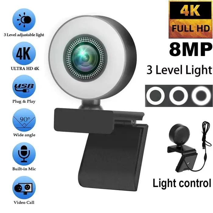 Webcam 4K 8MP avec Contrôle de Lumière, Full HD 1080P, Mise au Point Automatique, Diffusion en Direct, Flexible avec Microphone pour PC Portable Occasions Spéciales